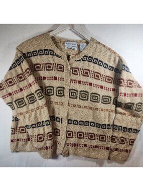 Robert Scott‎ Vintage Hand Knitted Linen Cotton Cardigan Sweater Beige Geometric